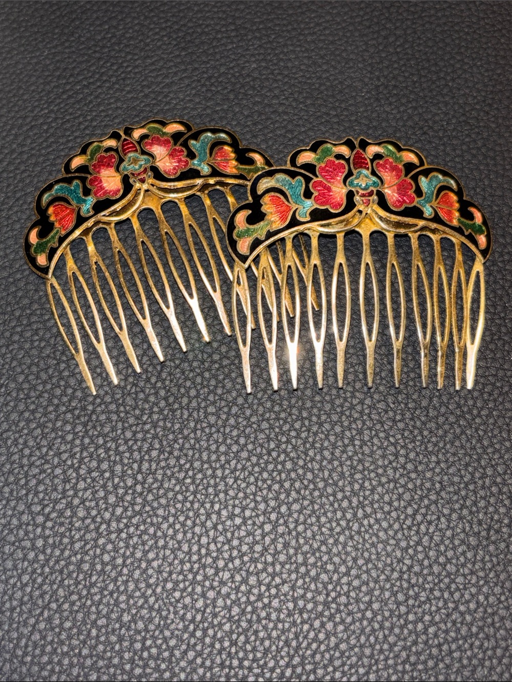 Vintage Cloisonné Butterfly Gold Hair Comb Pair - Multicolor
